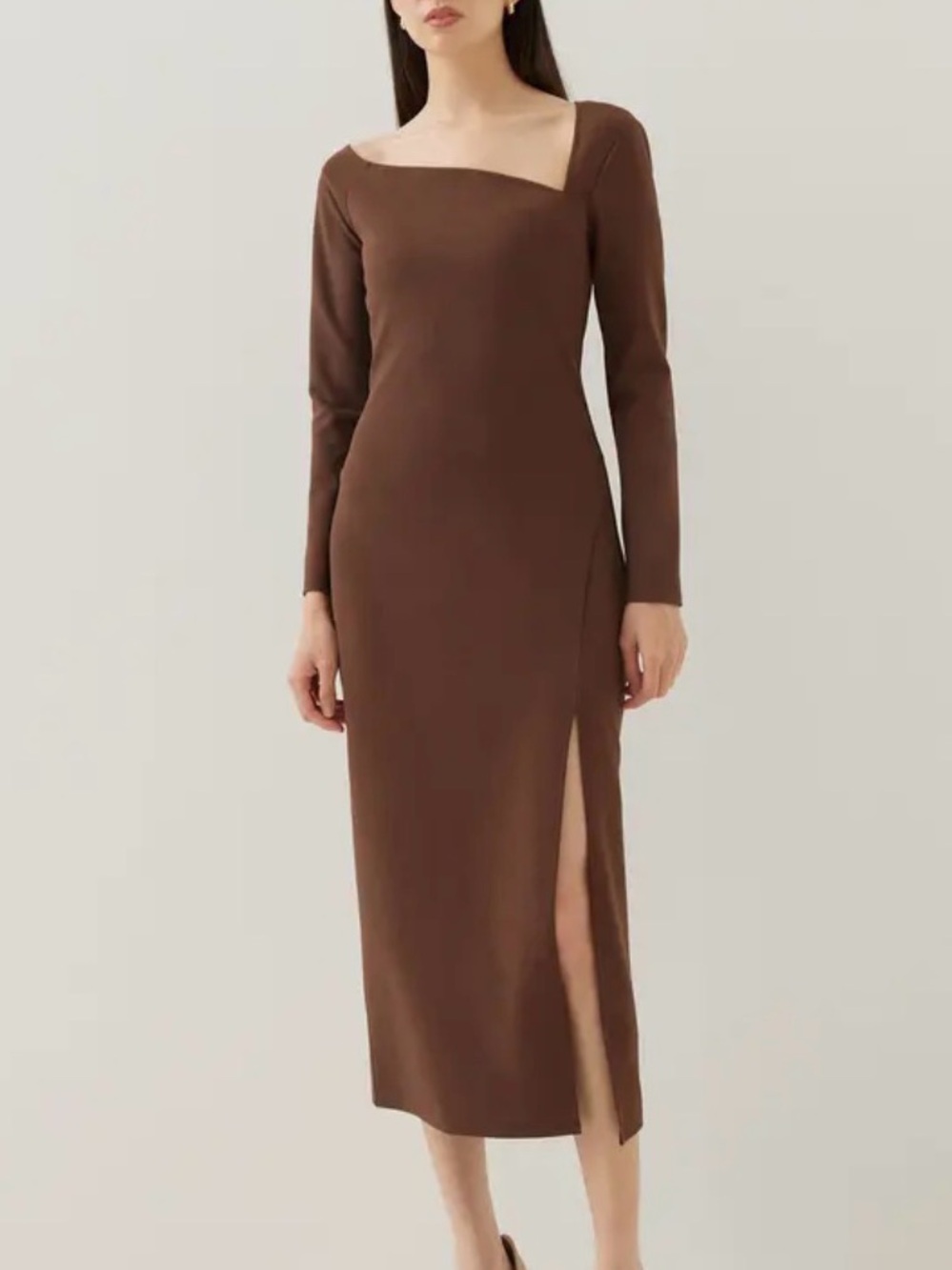 Love Bonito Jinri Brown Asymmetric Bodycon Midi Dress Size Small